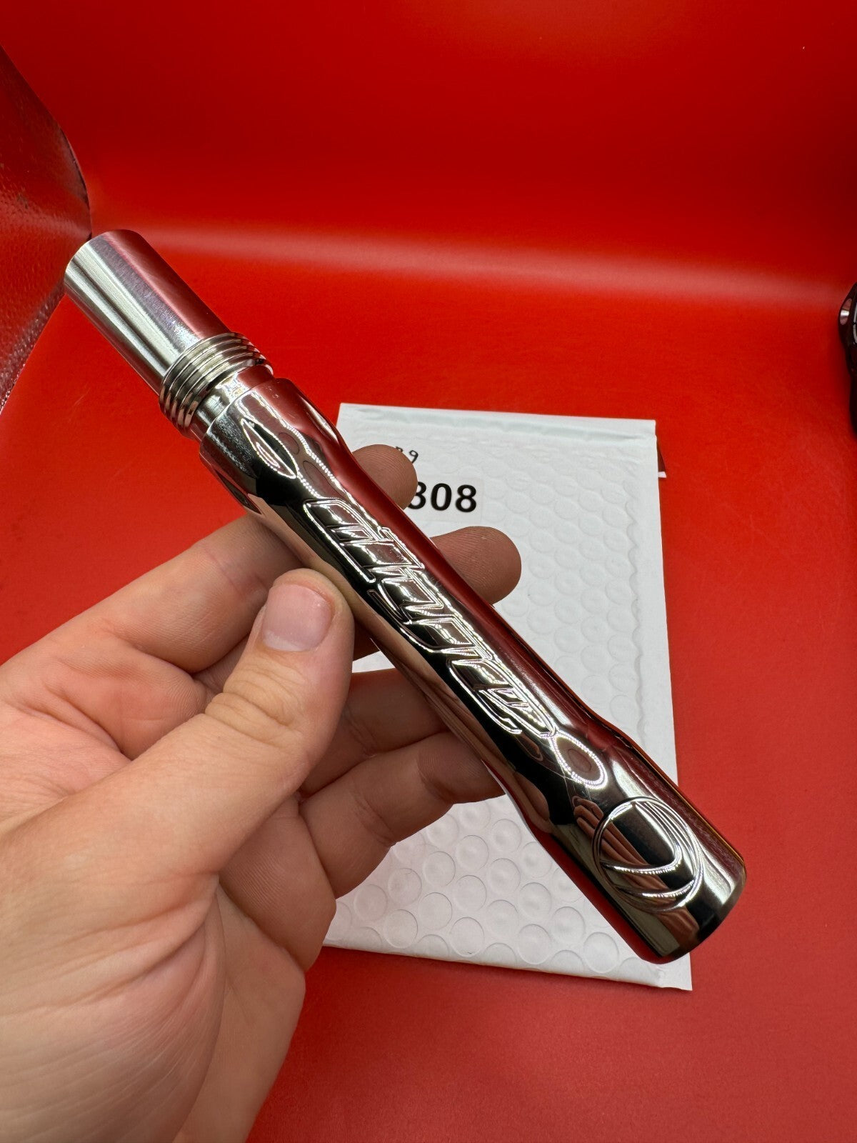 Dye SS Angel Threaded .688 Paintball Barrel Back - used paintball barrel back - silver/chrome