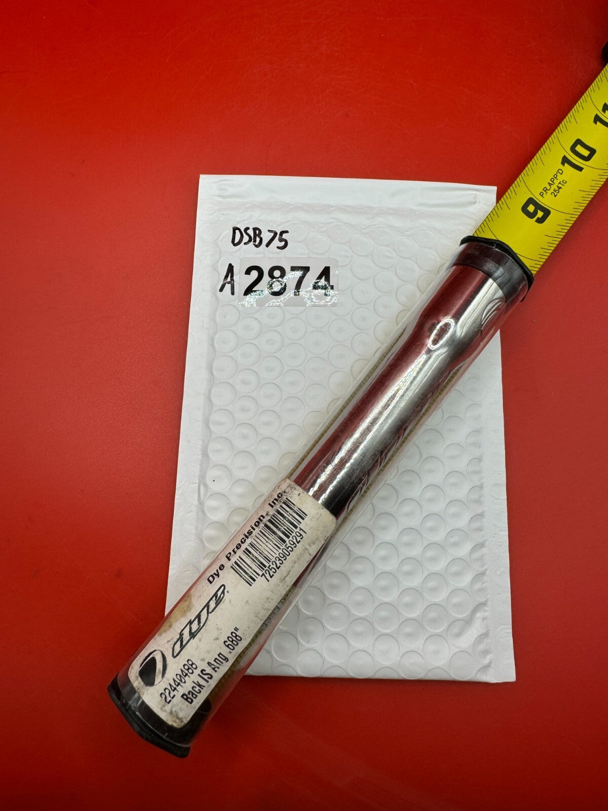 Dye SS Angel Threaded .688 Paintball Barrel Back - used paintball barrel back - red/chrome