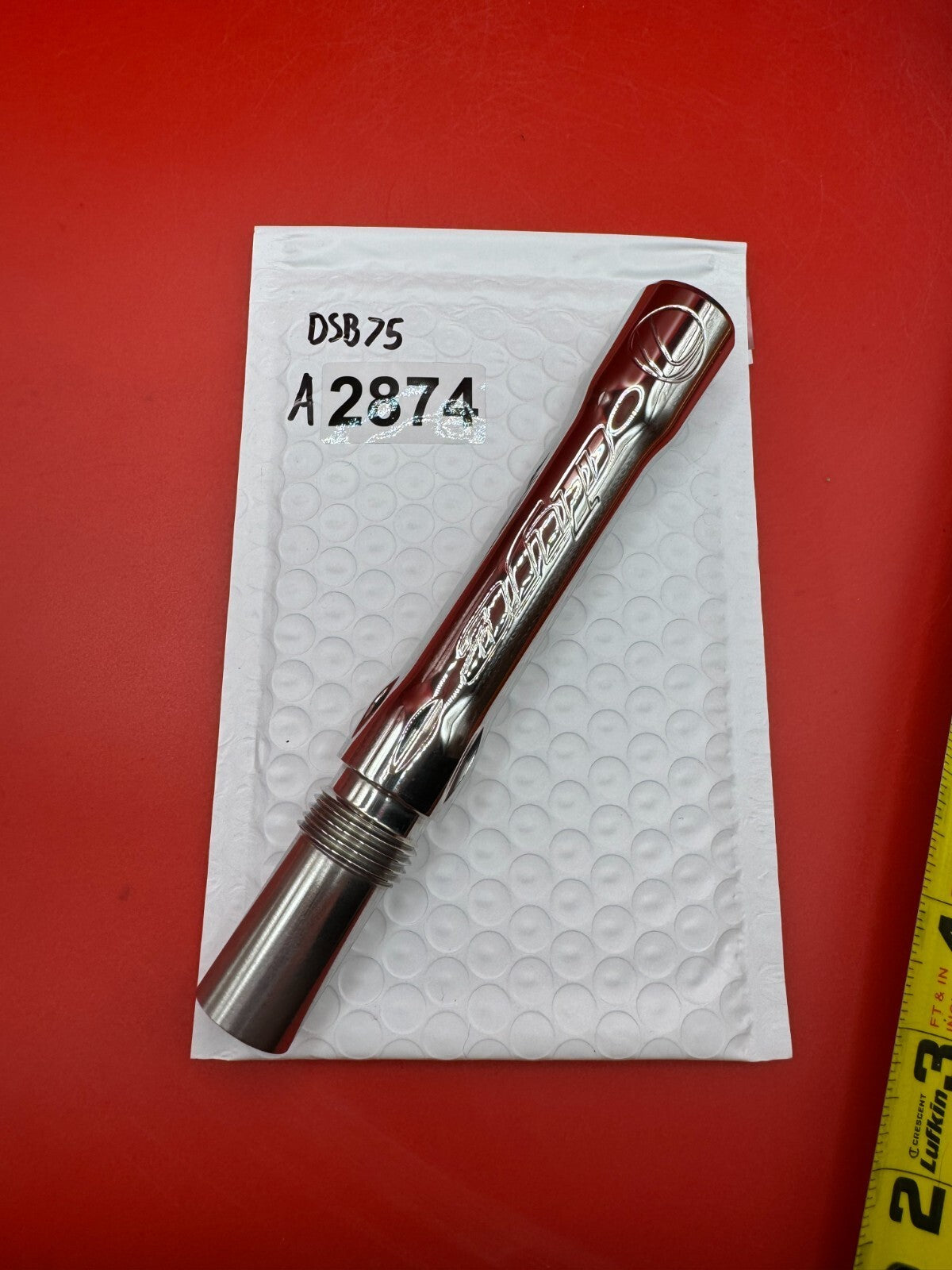 Dye SS Angel Threaded .688 Paintball Barrel Back - used paintball barrel back - red/chrome