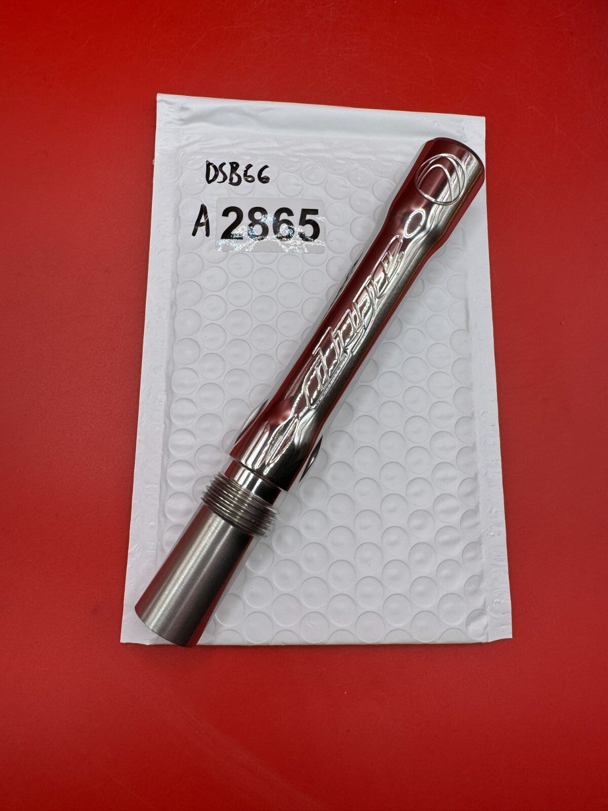 Dye SS Angel Threaded .688 Paintball Barrel Back - used paintball barrel back - silver/chrome