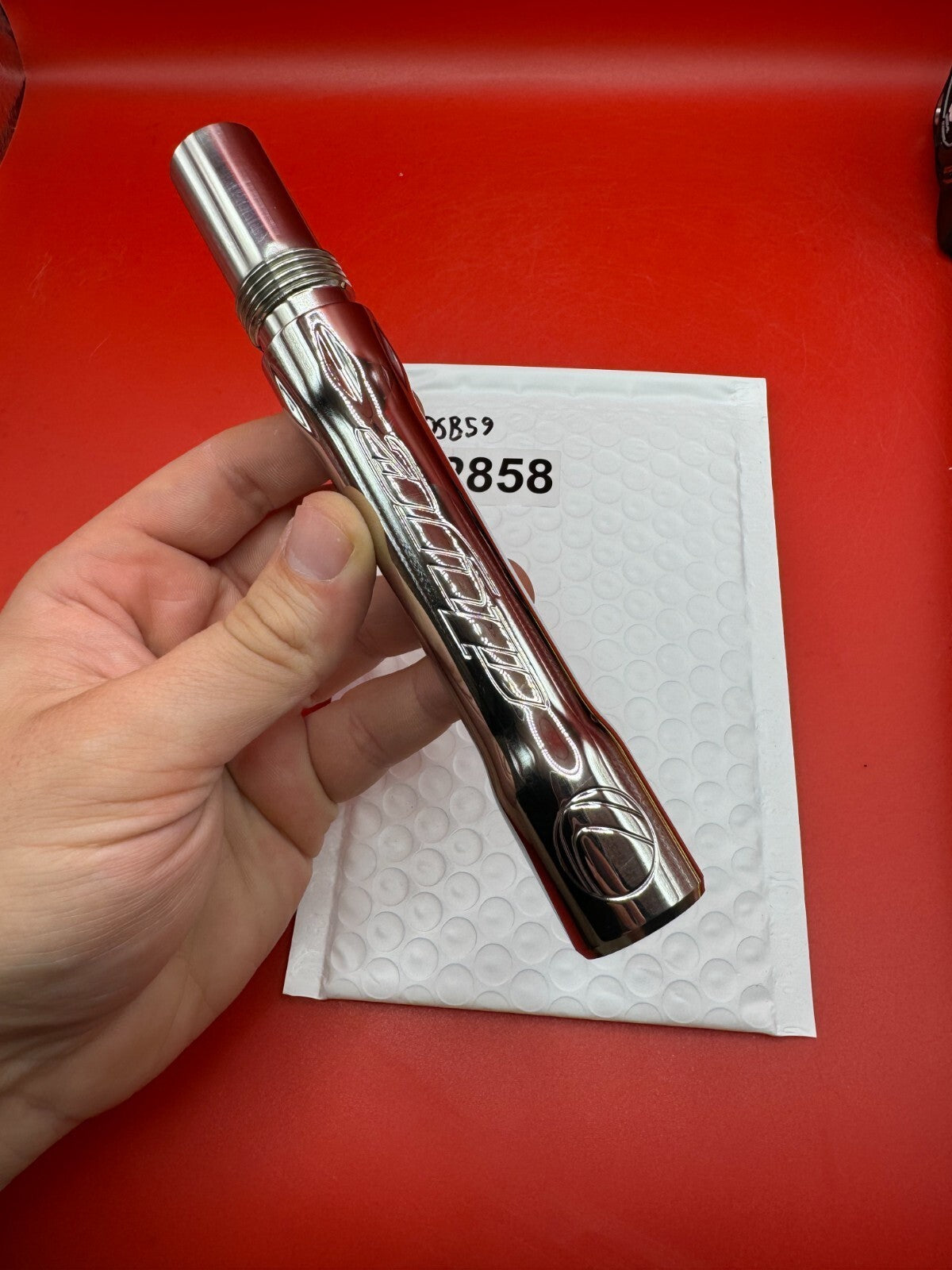 Dye SS Angel Threaded .688 Paintball Barrel Back - used paintball barrel back - red anno/silver