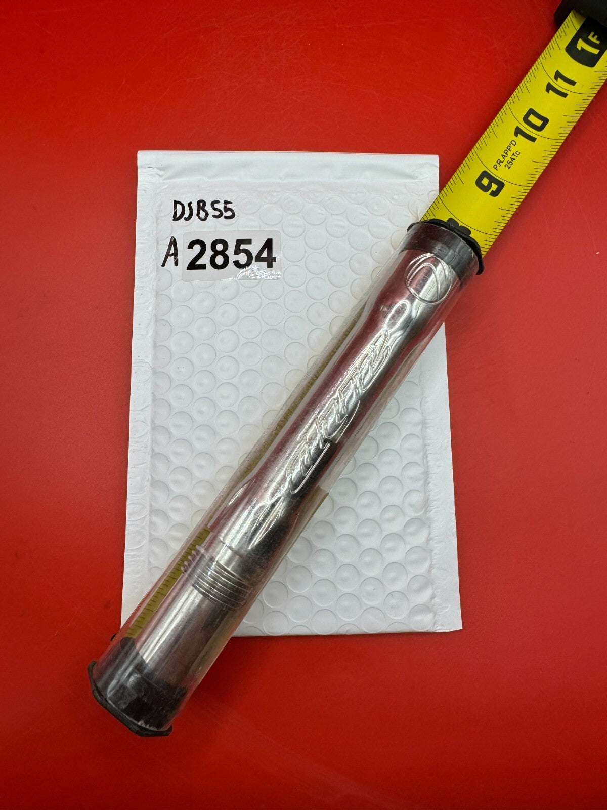 Dye SS Angel Threaded .688 Paintball Barrel Back - used paintball barrel back - silver/red anno