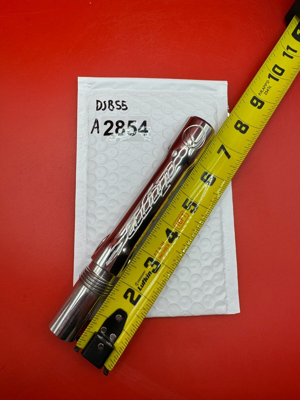 Dye SS Angel Threaded .688 Paintball Barrel Back - used paintball barrel back - silver/red anno