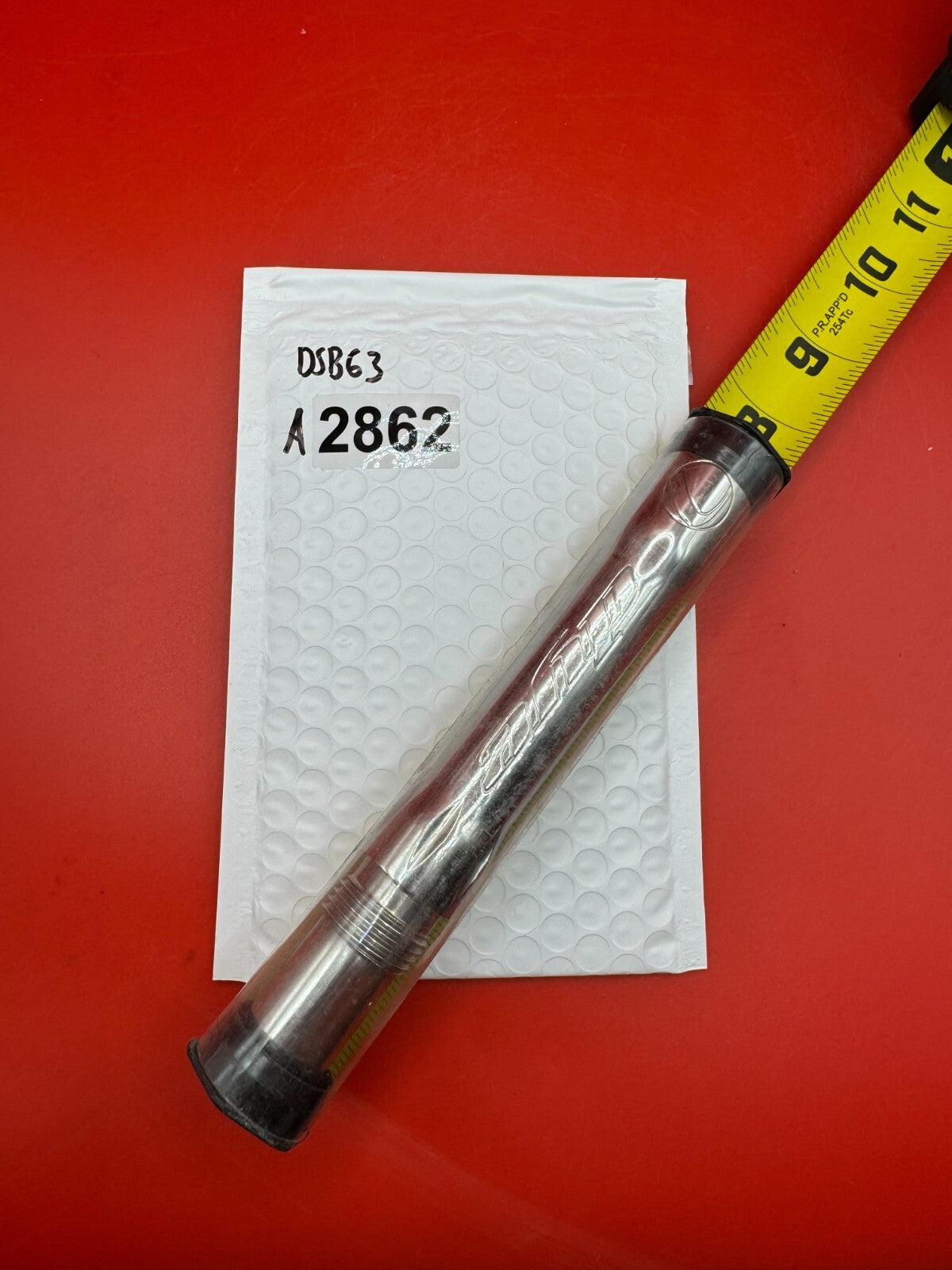Dye SS Angel Threaded .688 Paintball Barrel Back - used paintball barrel back - red/silver