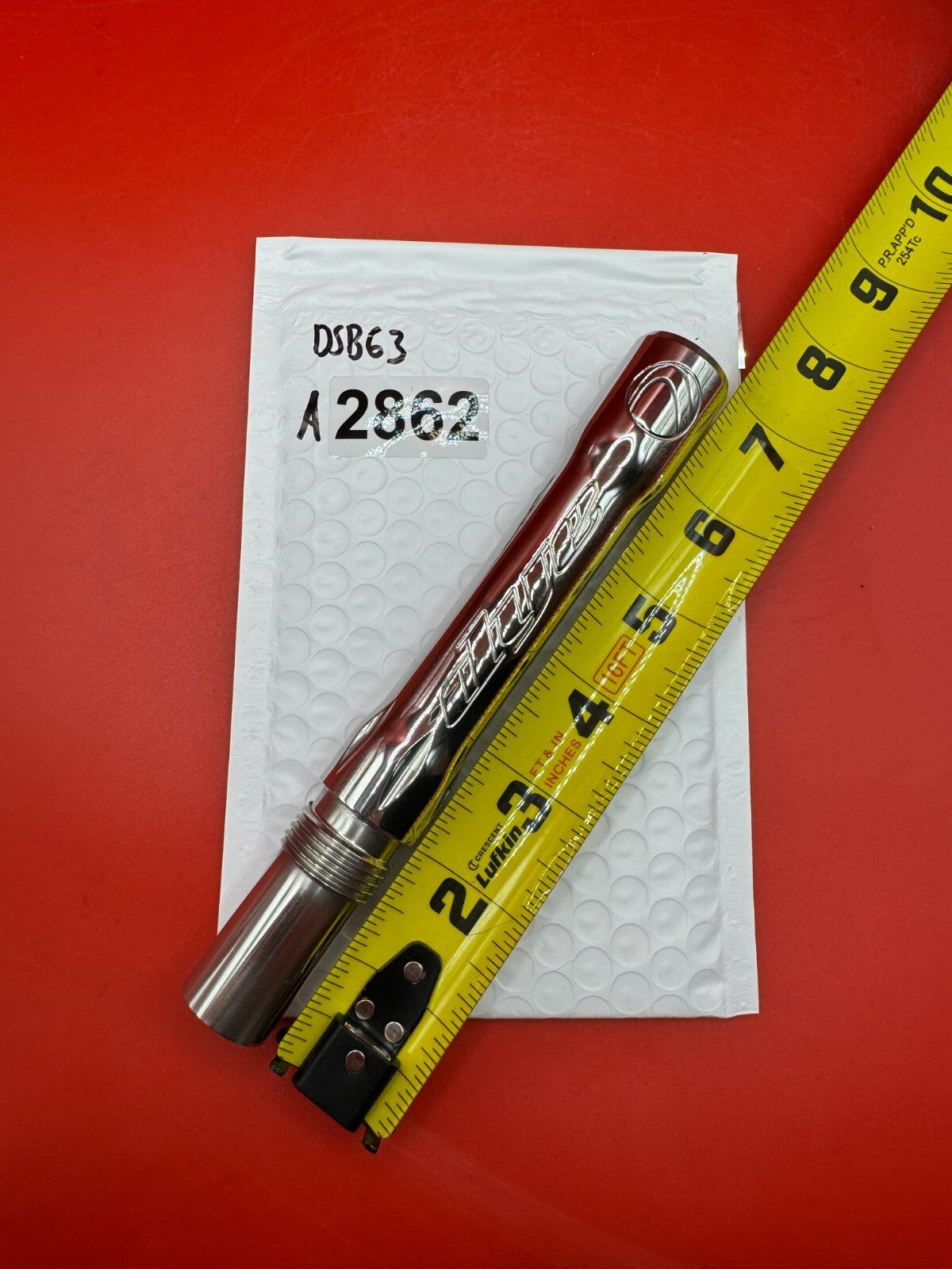 Dye SS Angel Threaded .688 Paintball Barrel Back - used paintball barrel back - red/silver