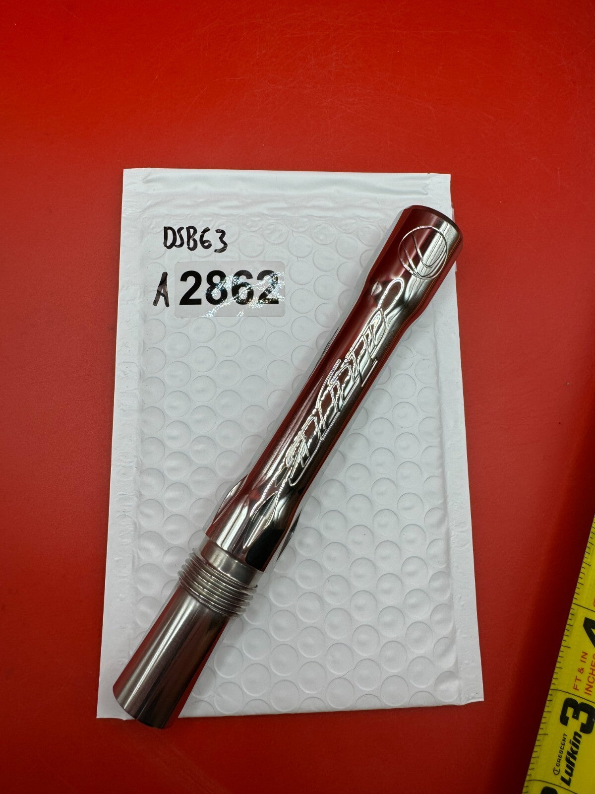 Dye SS Angel Threaded .688 Paintball Barrel Back - used paintball barrel back - red/silver