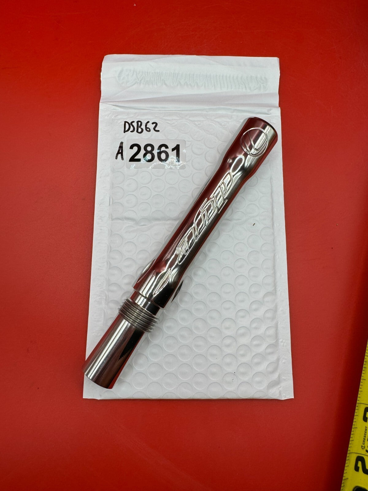 Dye SS Angel Threaded .688 Paintball Barrel Back - used paintball barrel back - red anno / polished silver