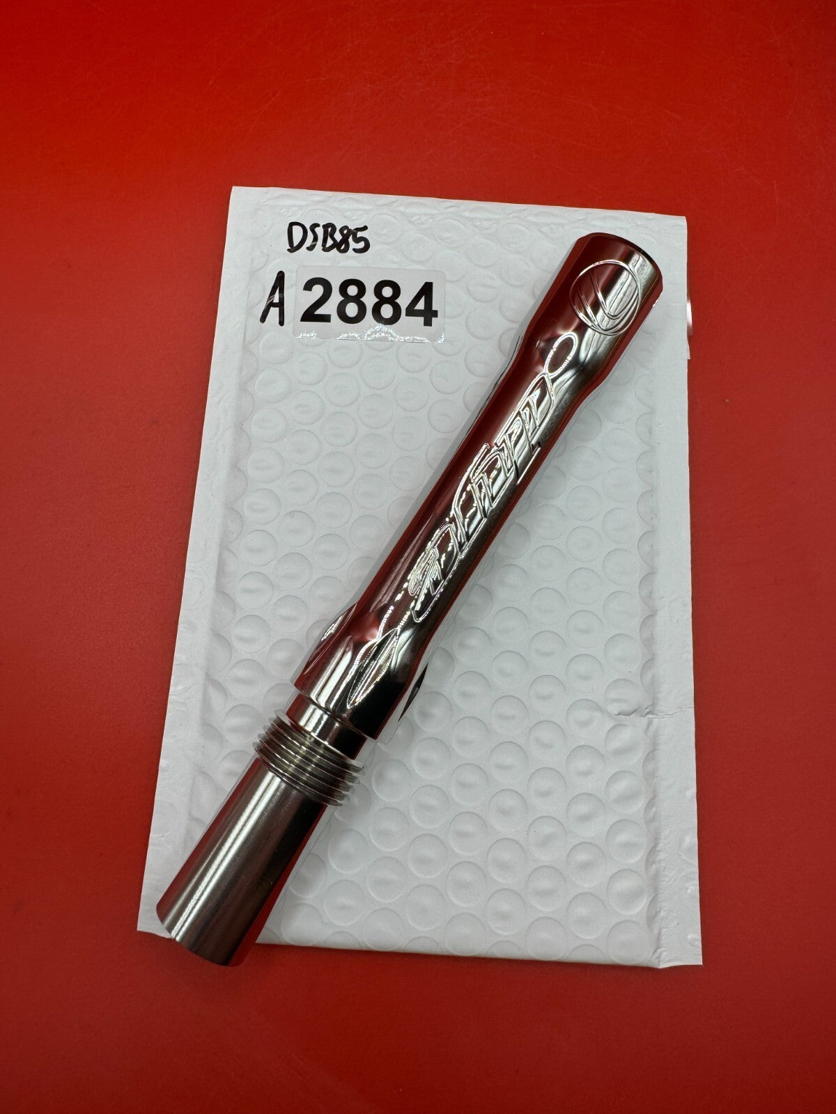 Angel Dye Back .688 Stainless Steel - used paintball barrel back - red anno/silver
