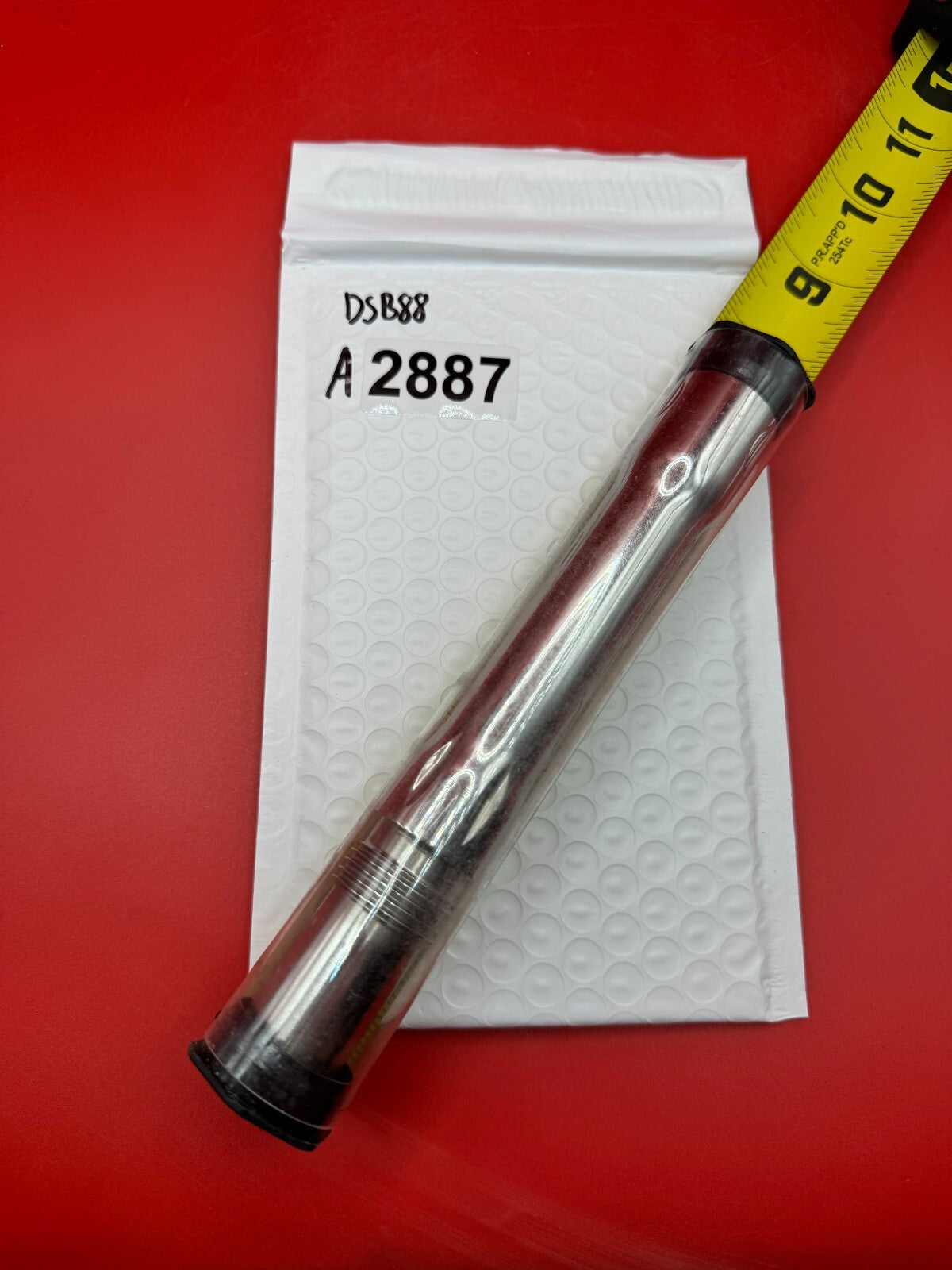 Angel Dye Back .688 Stainless Steel - used paintball barrel back - silver/red anno
