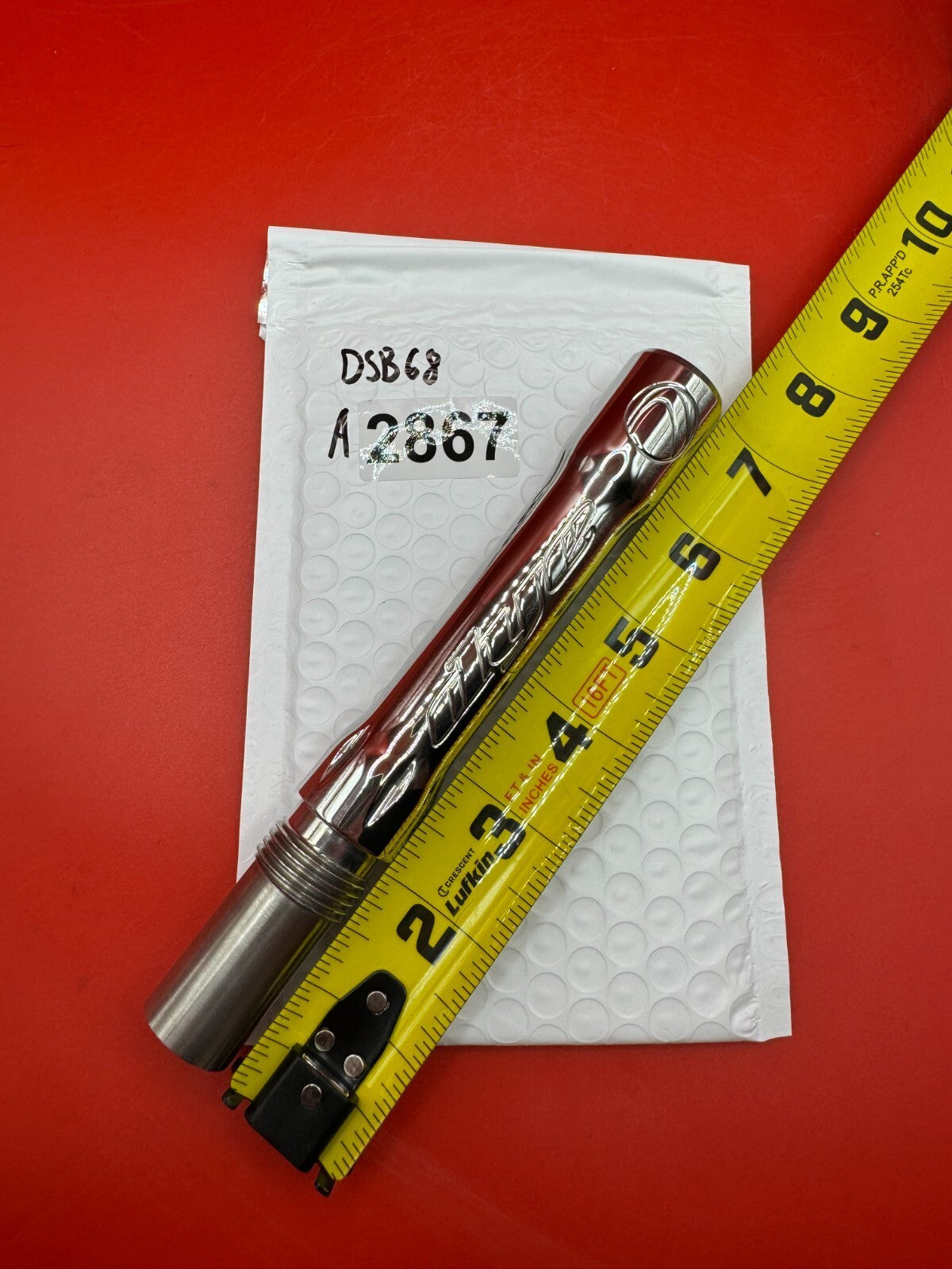 Angel Dye Back .688 Stainless Steel - used paintball barrel back - red anno/polished silver