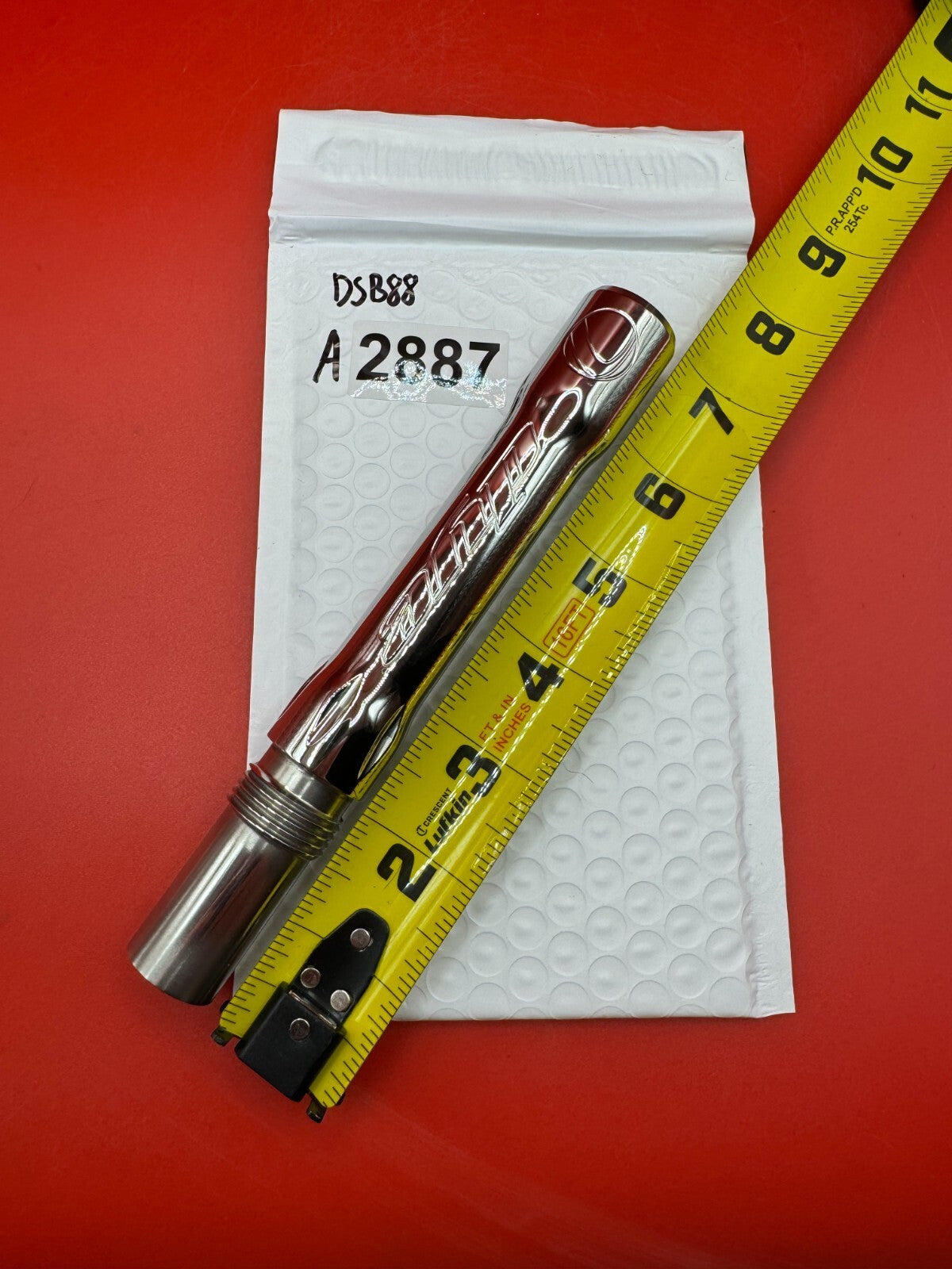 Angel Dye Back .688 Stainless Steel - used paintball barrel back - silver/red anno