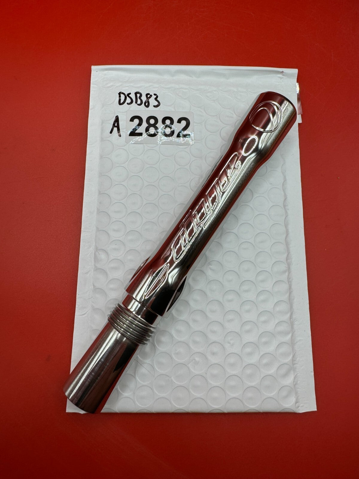 Angel Dye Back .688 Stainless Steel - used paintball barrel back - silver/red anno