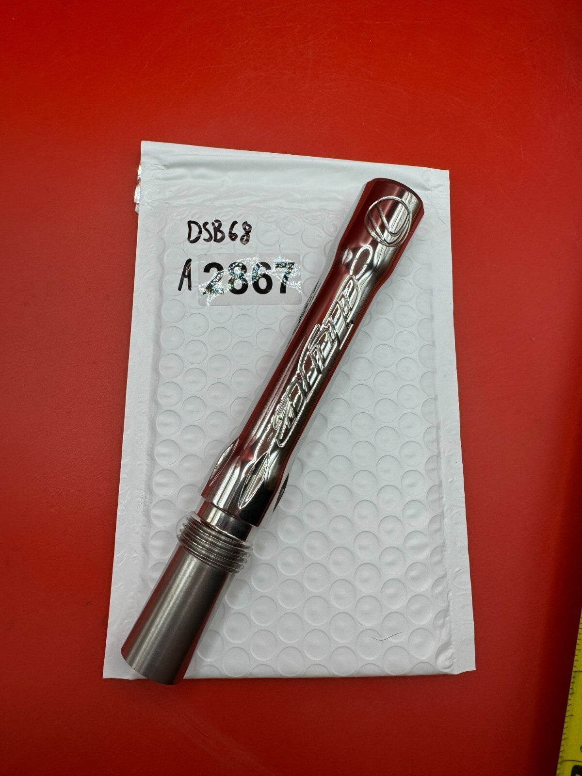 Angel Dye Back .688 Stainless Steel - used paintball barrel back - red anno/polished silver