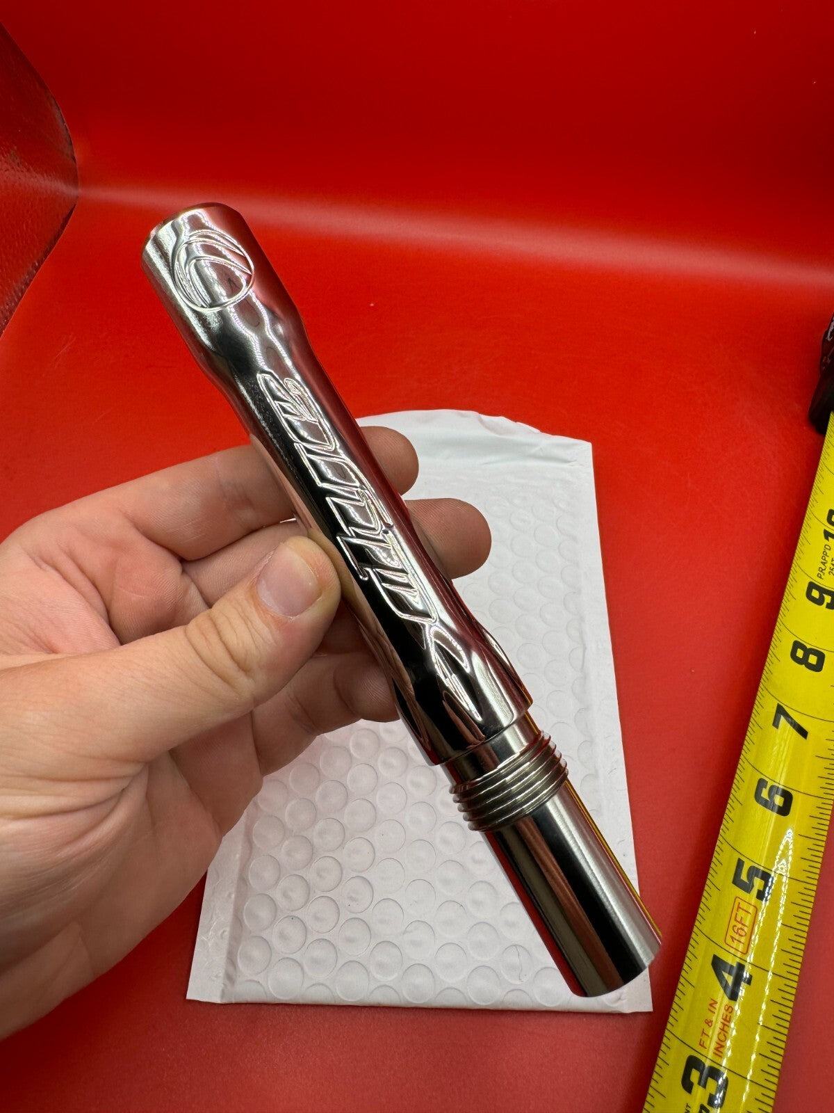 Angel Dye Back .688 Stainless Steel - used paintball barrel back - red anno/silver chrome