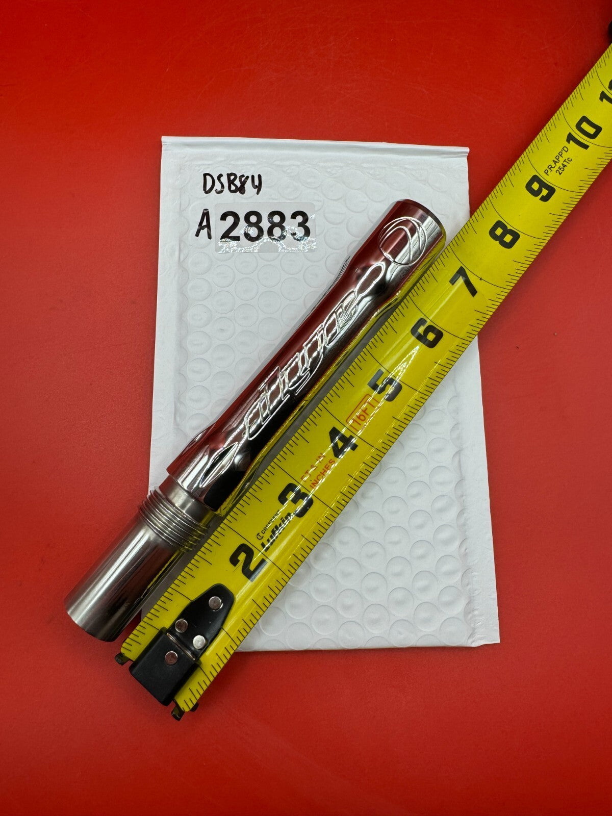 Angel Dye Back .688 Stainless Steel - used paintball barrel back - silver/red anno