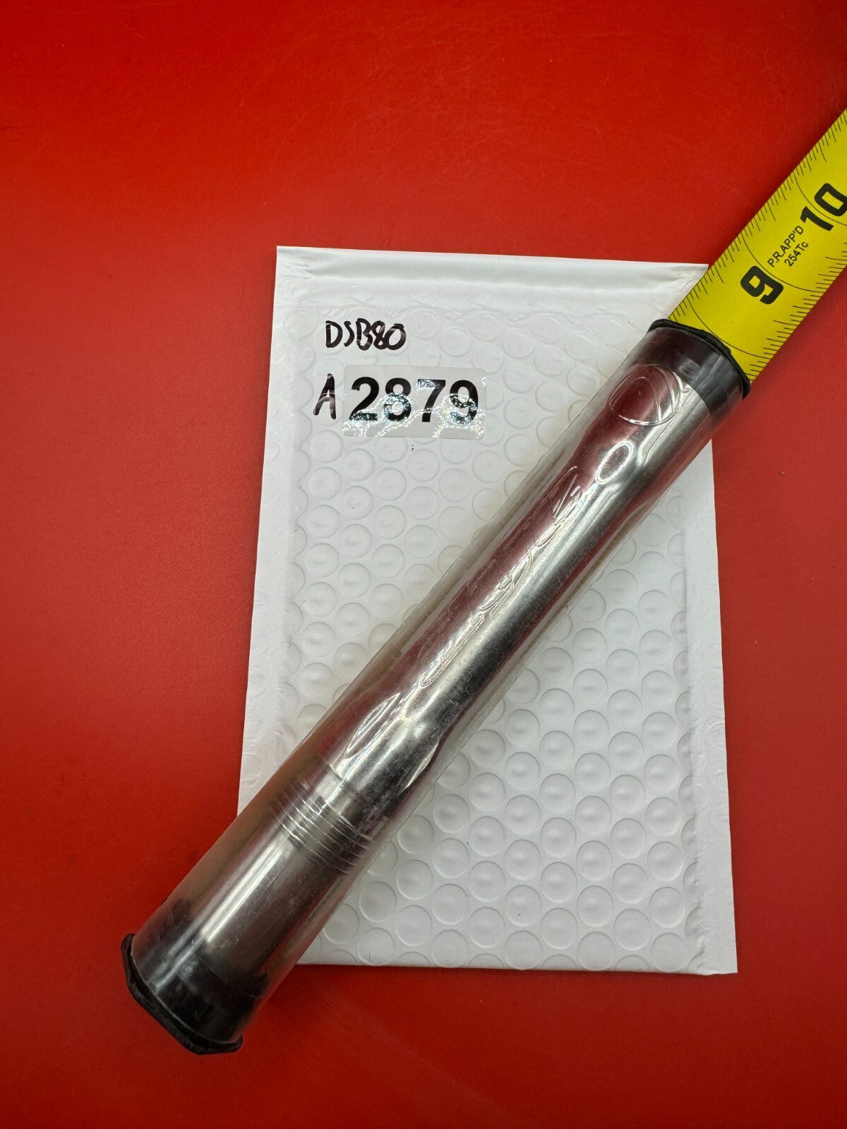 Angel Dye Back .688 Stainless Steel - used paintball barrel back - silver/red anno