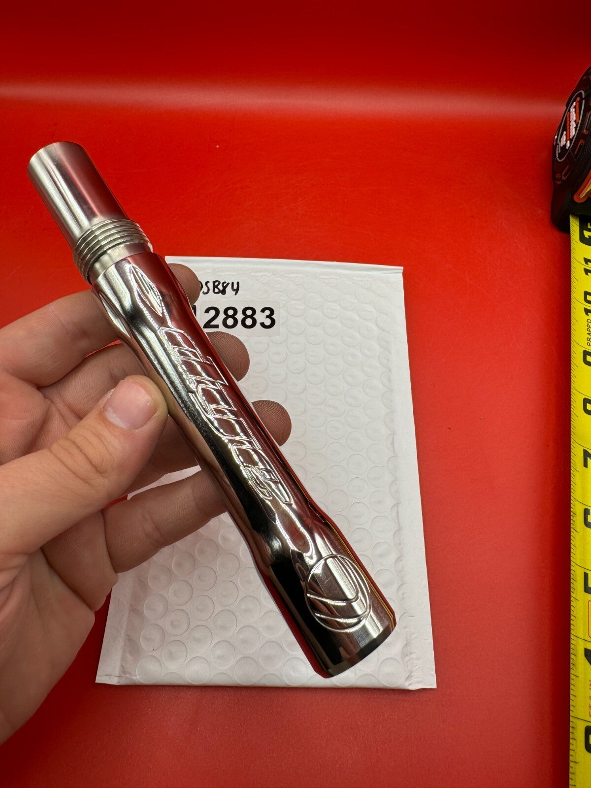 Angel Dye Back .688 Stainless Steel - used paintball barrel back - silver/red anno