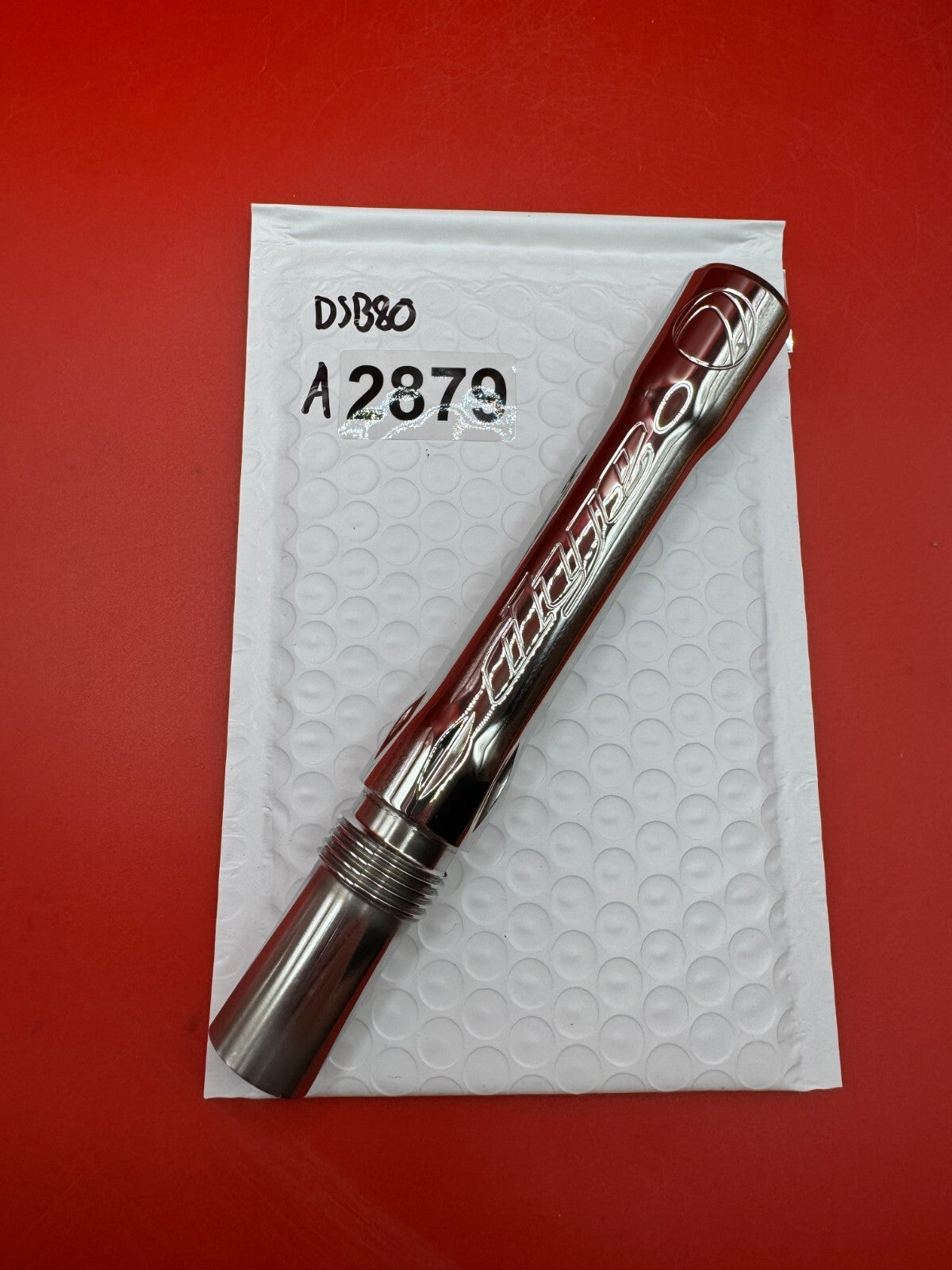 Angel Dye Back .688 Stainless Steel - used paintball barrel back - silver/red anno