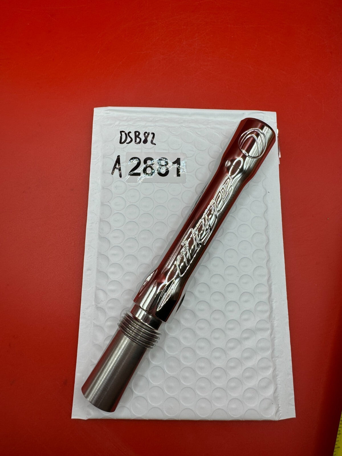 Angel Dye Back .688 Stainless Steel - used paintball barrel back - silver/red anno