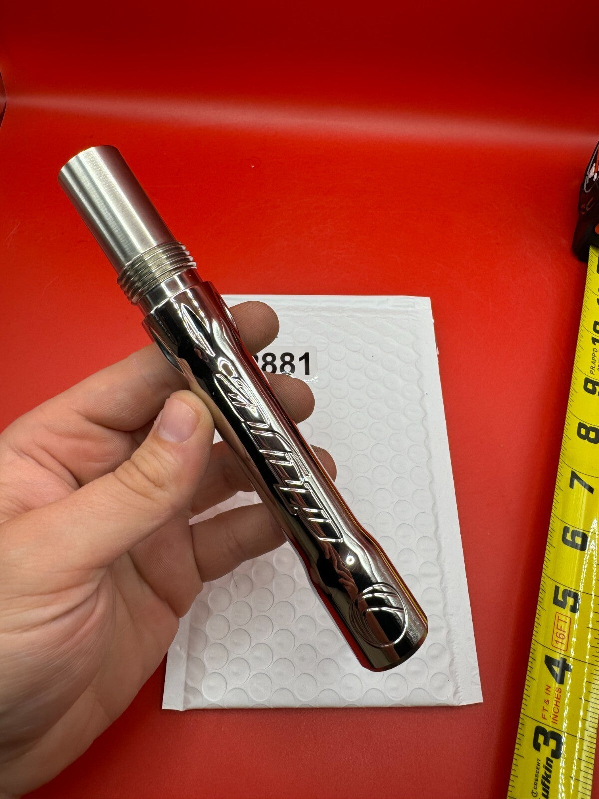 Angel Dye Back .688 Stainless Steel - used paintball barrel back - silver/red anno