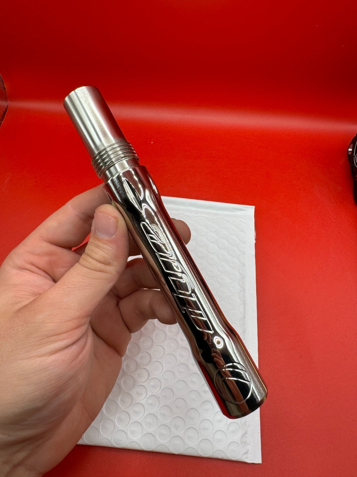 Angel Dye Back .688 Stainless Steel - used paintball barrel back - silver/red anno