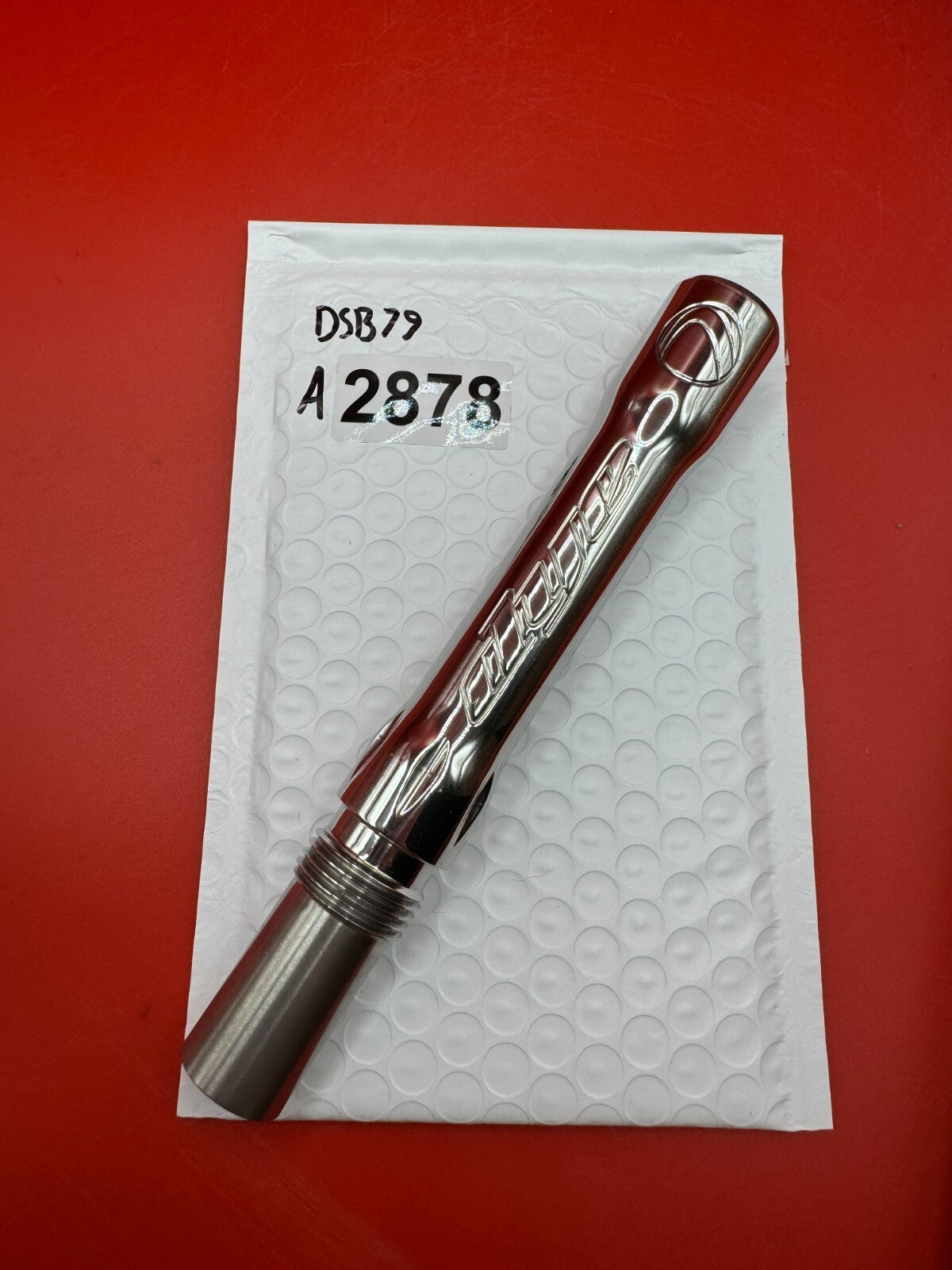 Angel Dye Back .688 Stainless Steel - used paintball barrel back - silver/red anno