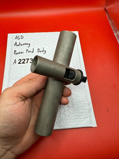 AGD Automag Power Feed Body - used paintball power feed body - matte silver / gunmetal