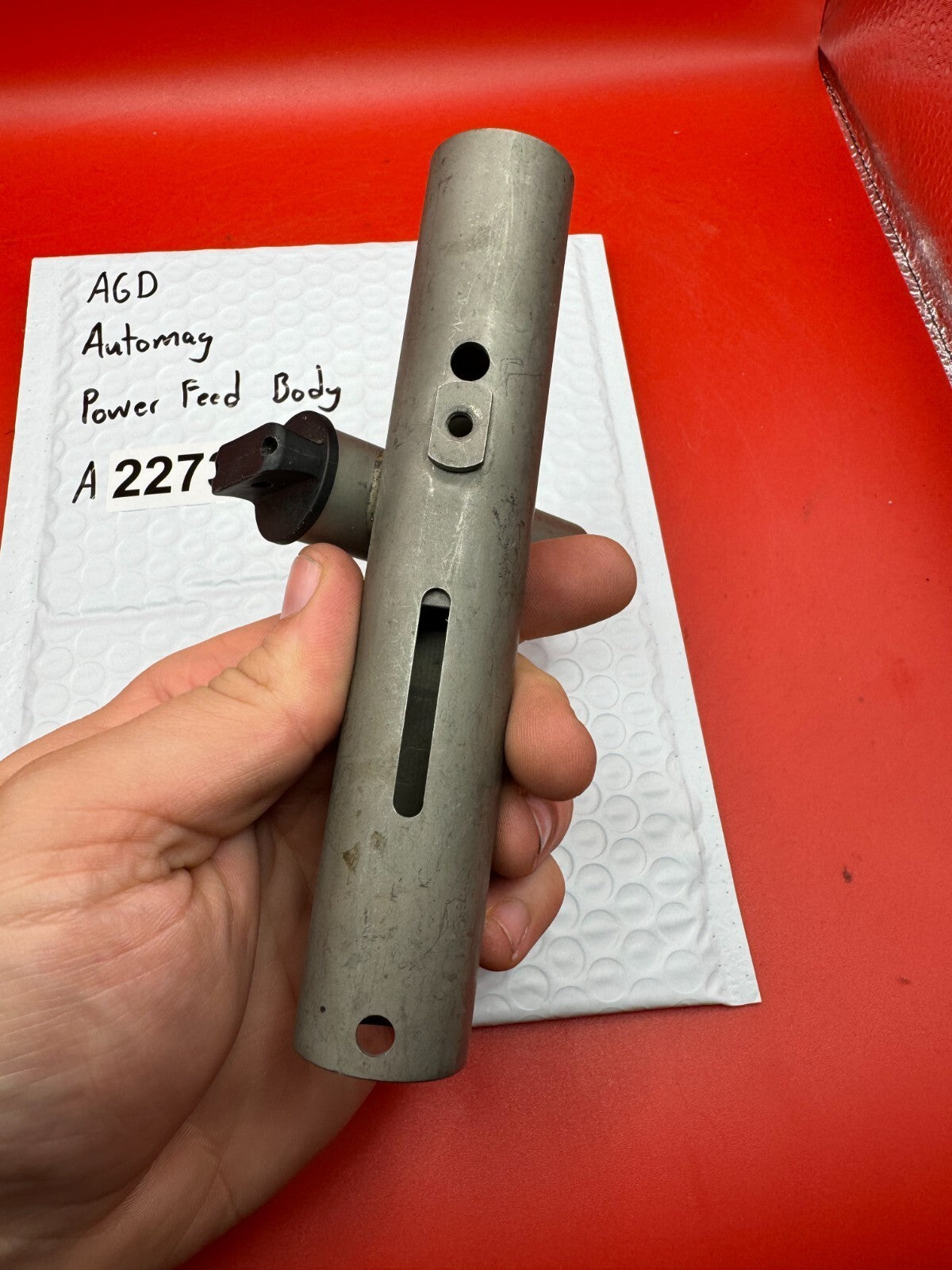 AGD Automag Power Feed Body - used paintball power feed body - matte silver / gunmetal
