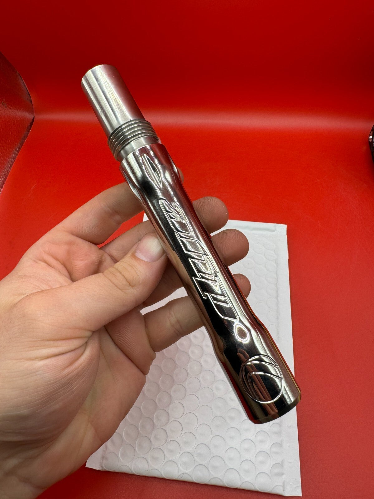 Dye SS Angel Threaded .688 Paintball Barrel Back - Silver - used paintball barrel back - silver