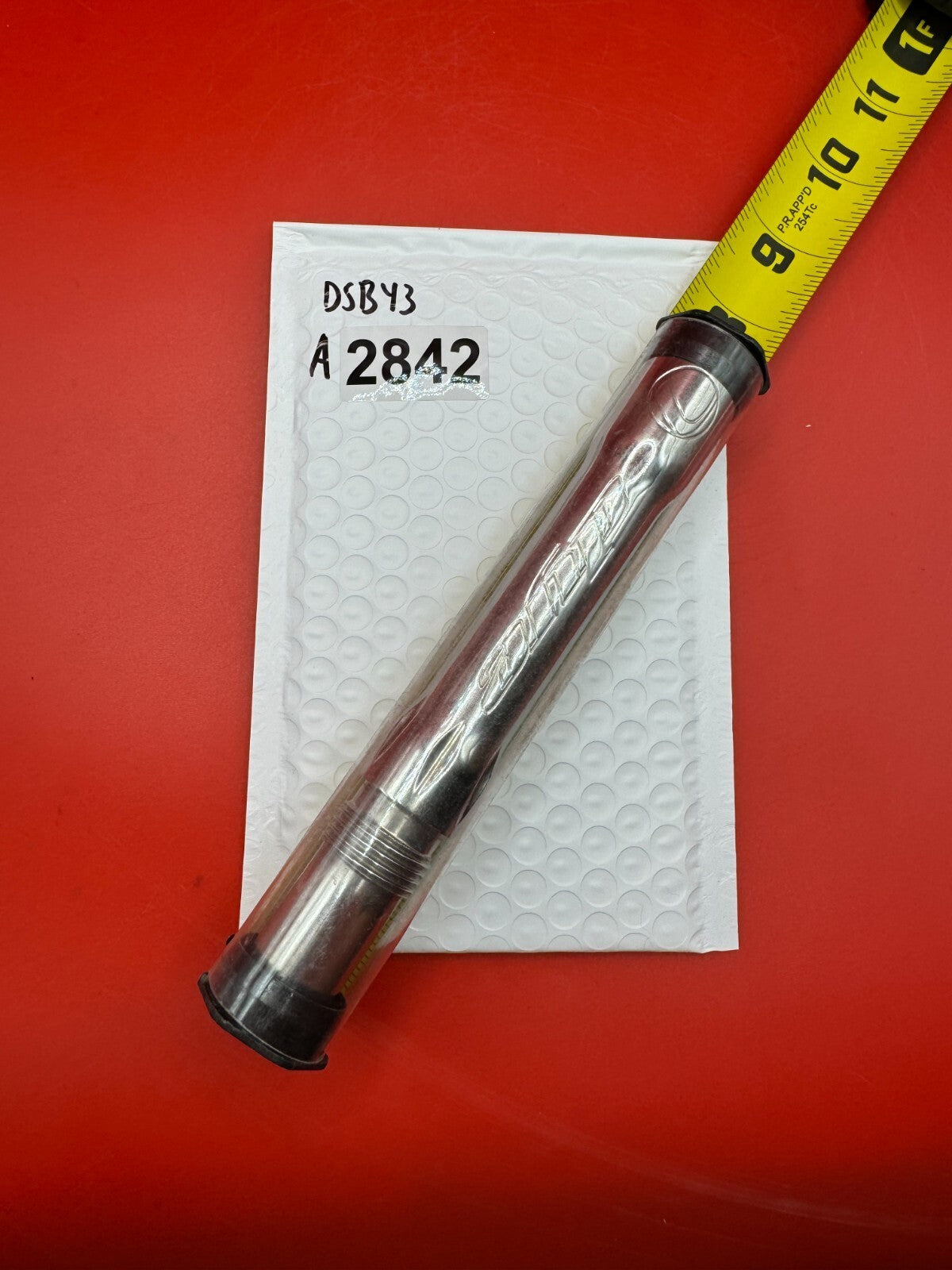 Dye SS Angel Threaded .688 Paintball Barrel Back - Silver - used paintball barrel back - silver/red anno