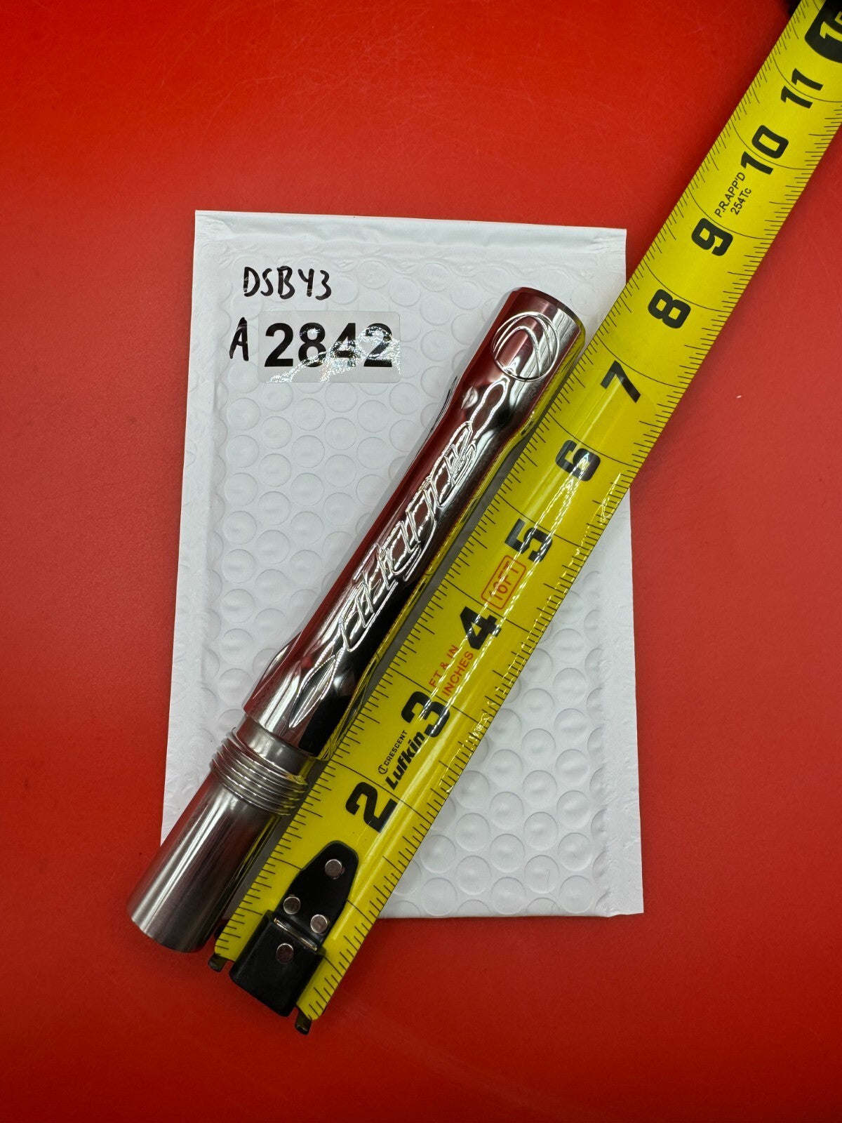 Dye SS Angel Threaded .688 Paintball Barrel Back - Silver - used paintball barrel back - silver/red anno