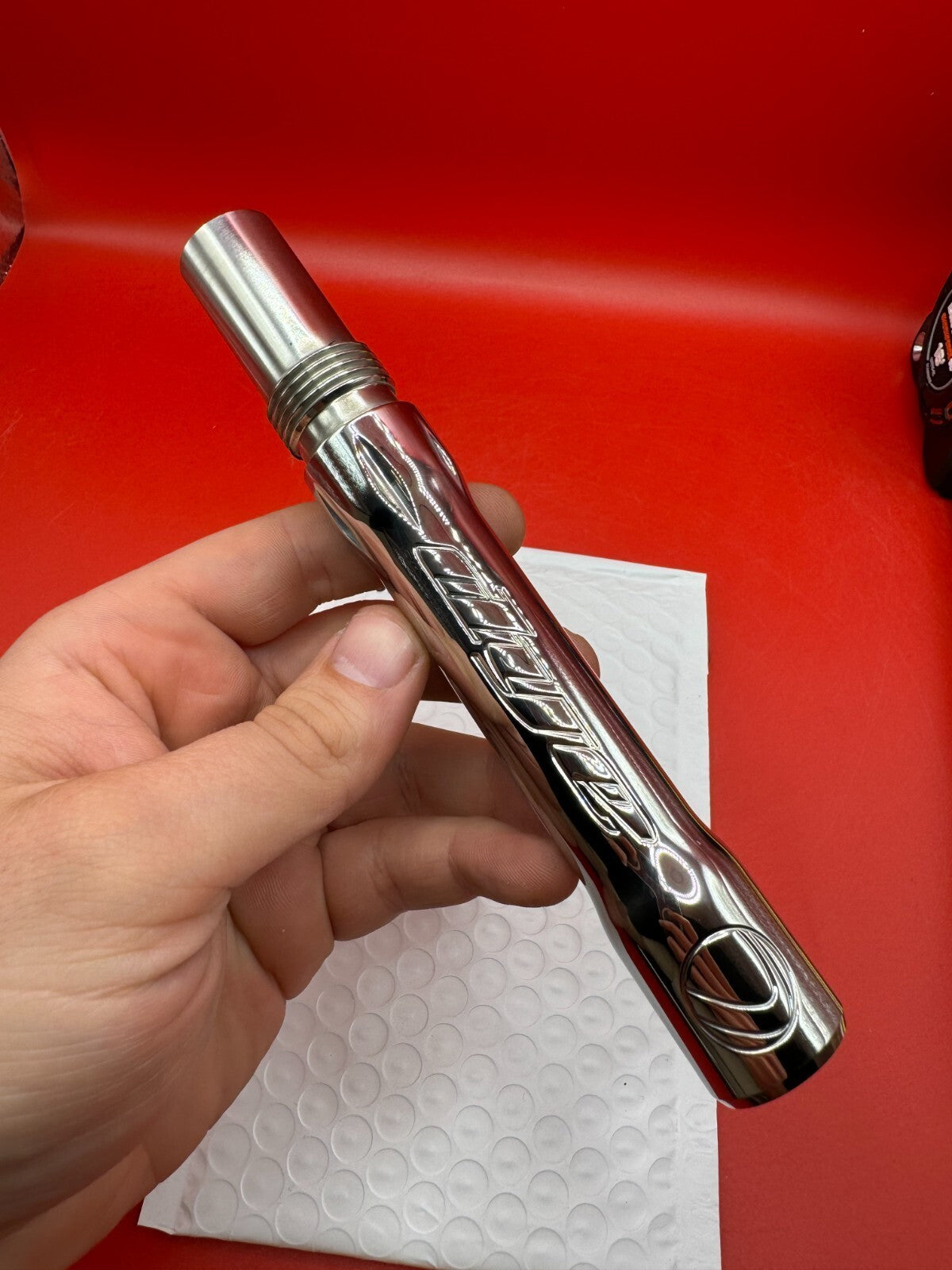 Dye SS Angel Threaded .688 Paintball Barrel Back - Silver - used paintball barrel back - silver
