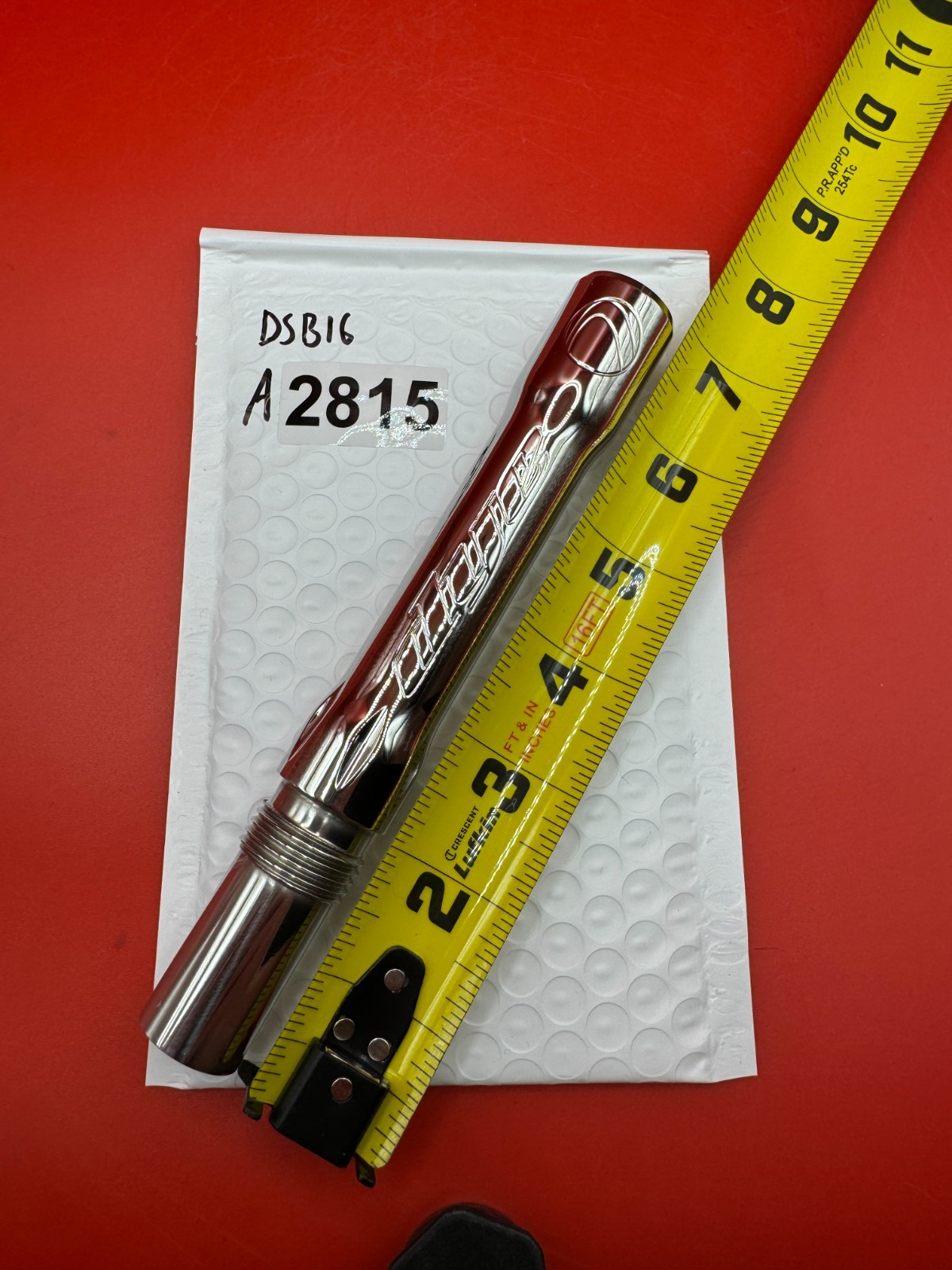 Dye SS Angel Threaded .688 Paintball Barrel Back - Silver - used paintball barrel back - red/silver