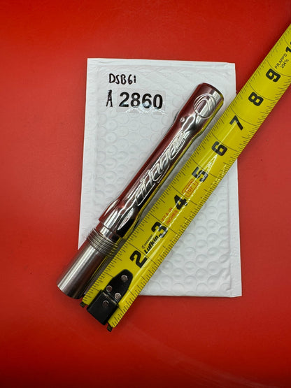 Dye SS Angel Threaded .688 Paintball Barrel Back - Silver - used paintball barrel back - silver/red anno