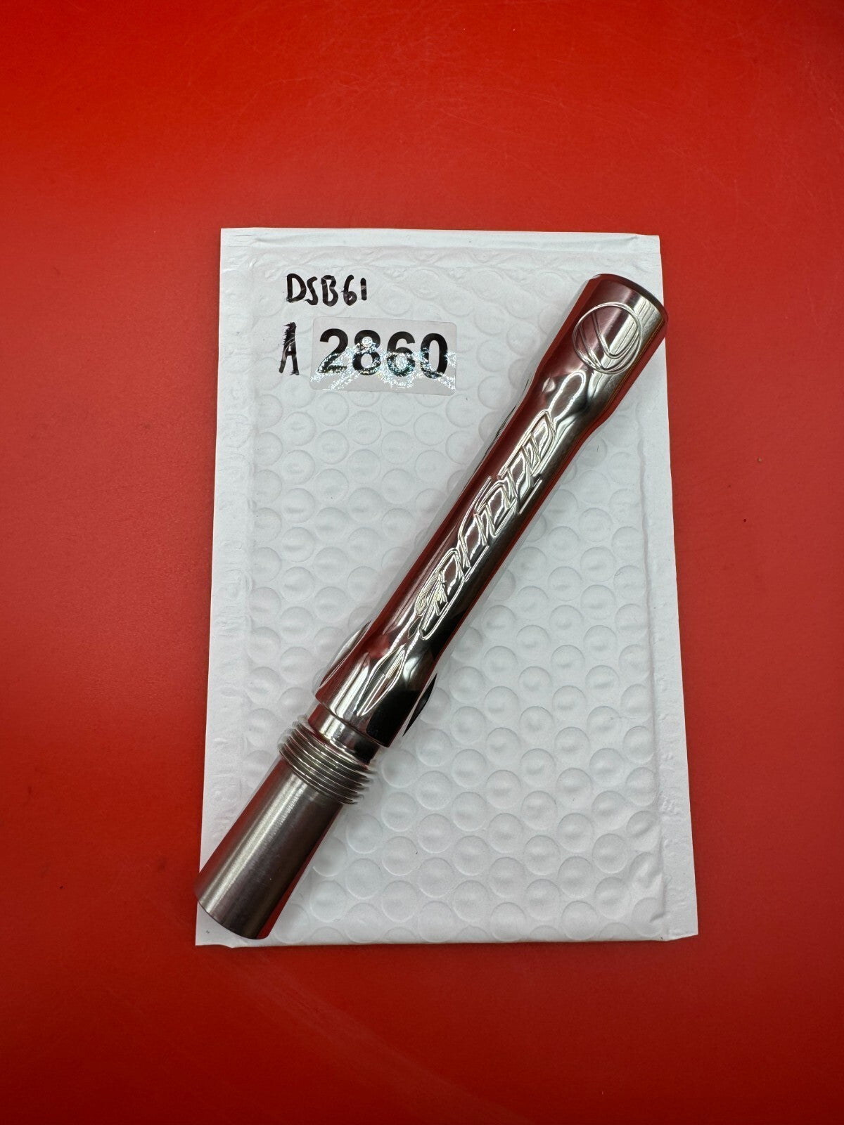 Dye SS Angel Threaded .688 Paintball Barrel Back - Silver - used paintball barrel back - silver/red anno