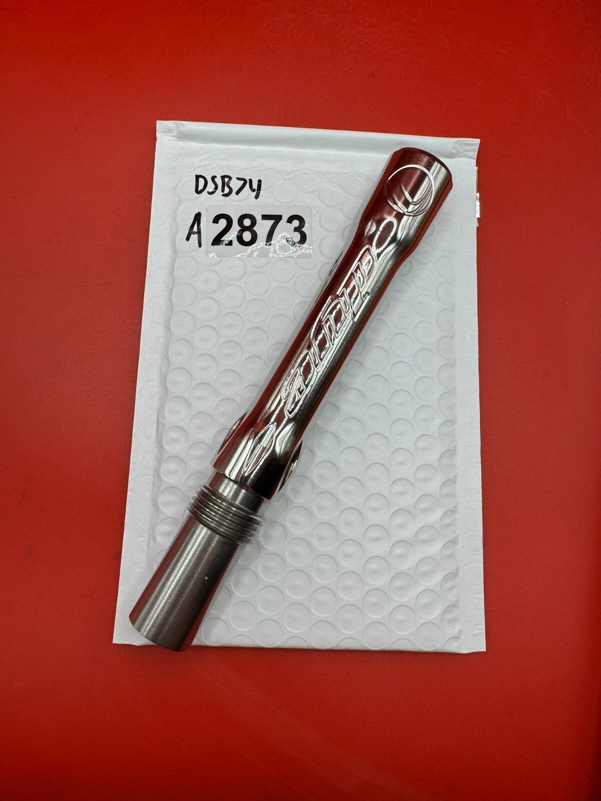 Dye SS Angel Threaded .688 Paintball Barrel Back - Silver - used paintball barrel back - red anno / silver