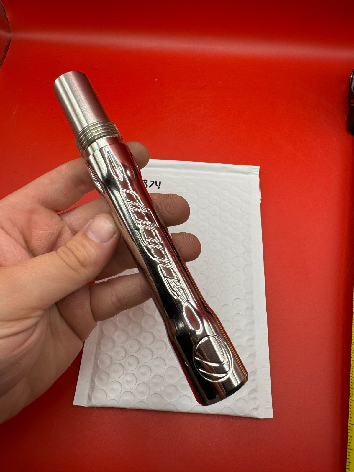 Dye SS Angel Threaded .688 Paintball Barrel Back - Silver - used paintball barrel back - red anno / silver