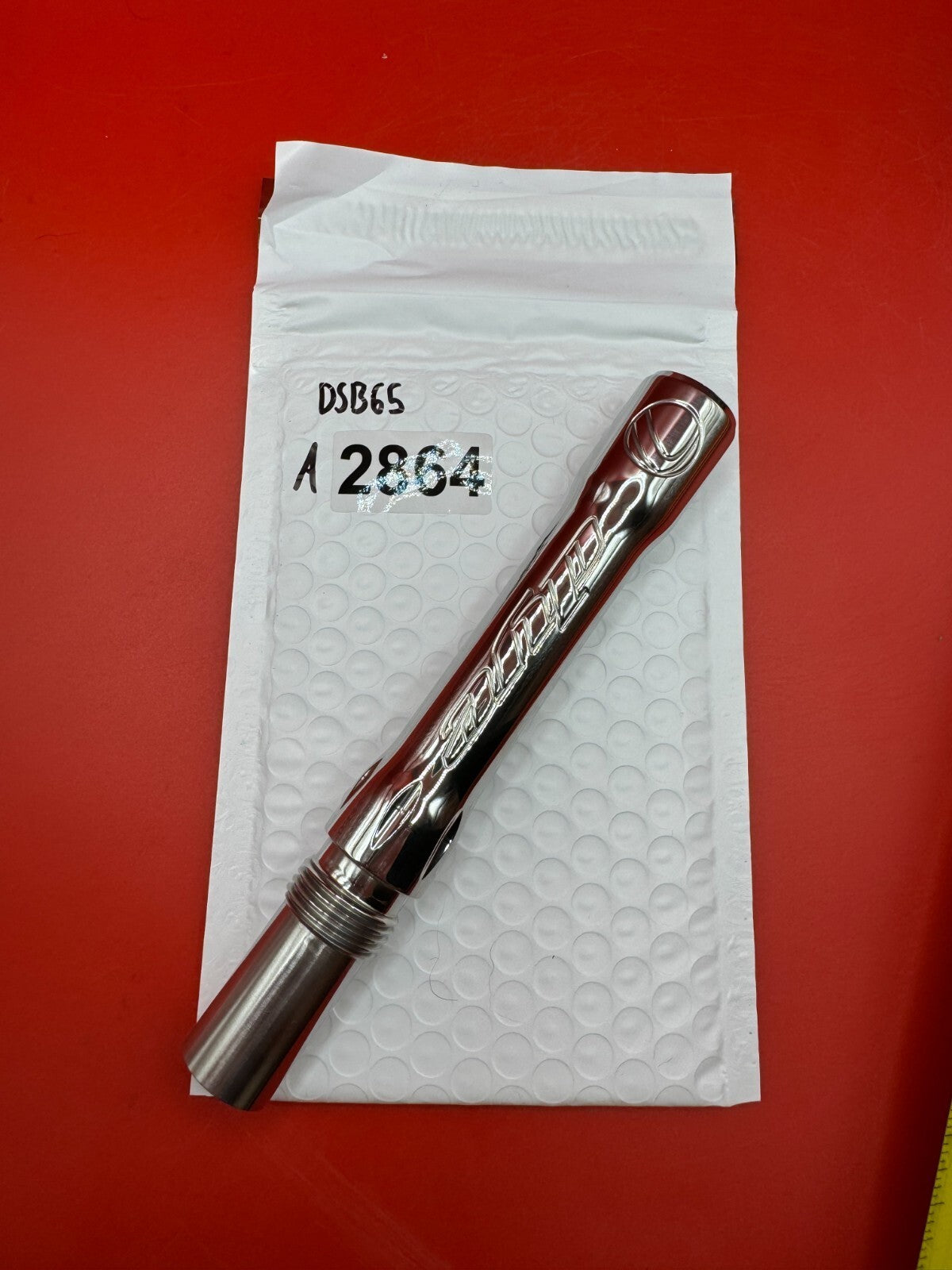 Angel Dye Back .688 Stainless Steel - used paintball barrel back - silver/red anno