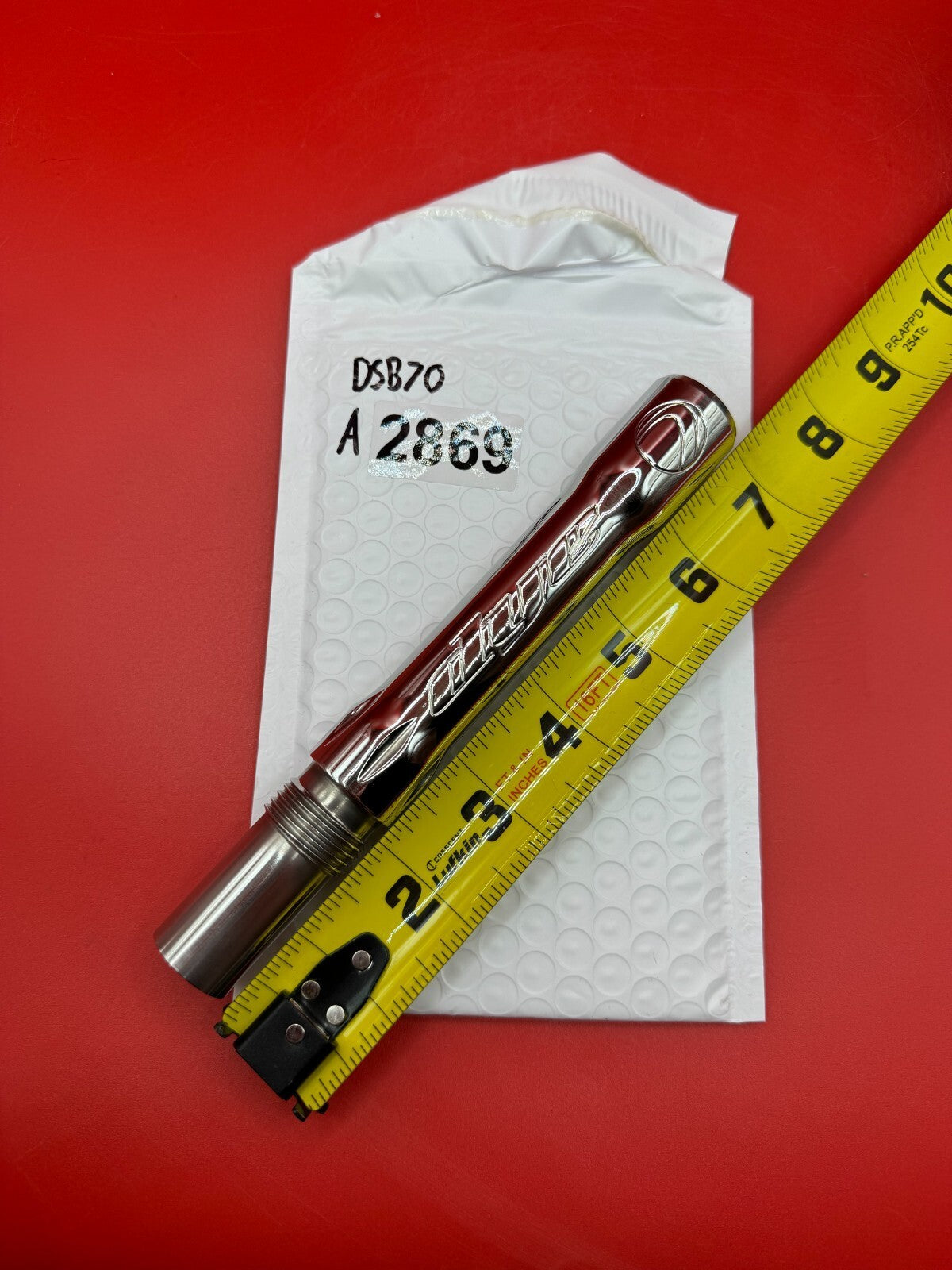 Dye SS Angel Threaded .688 Paintball Barrel Back - Silver - used paintball barrel back - silver/red anno