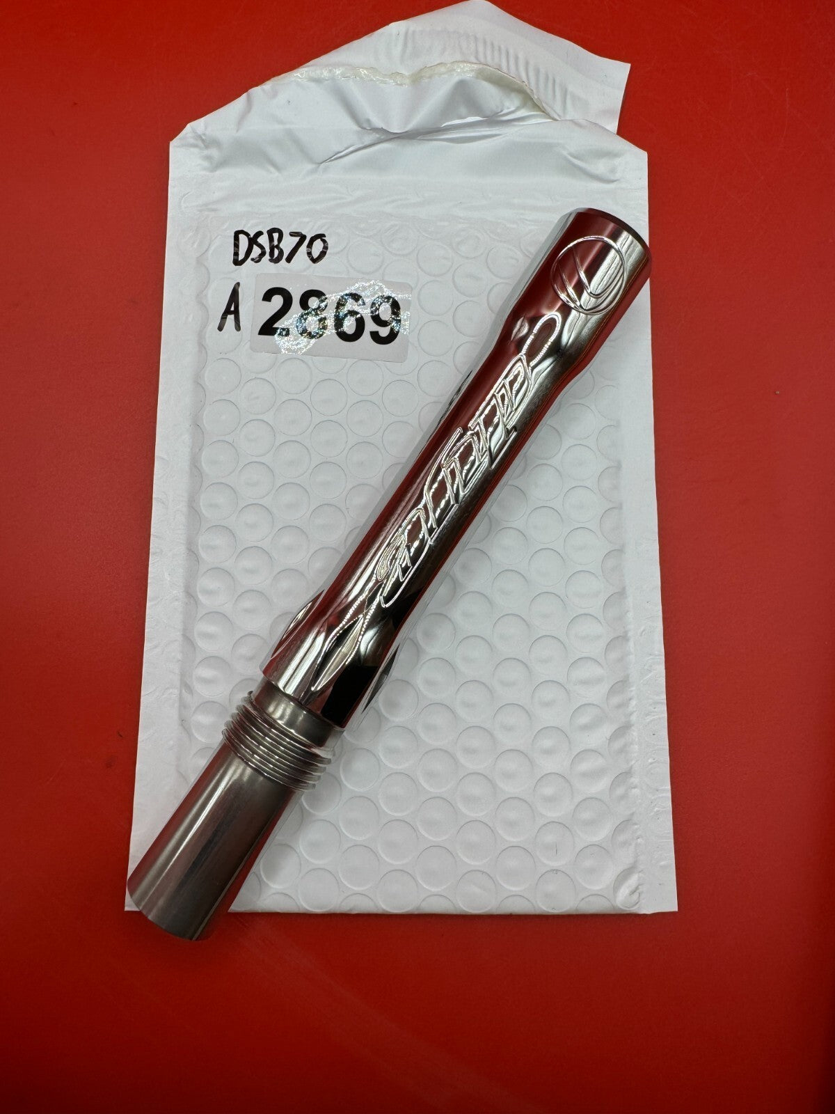 Dye SS Angel Threaded .688 Paintball Barrel Back - Silver - used paintball barrel back - silver/red anno