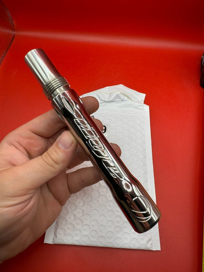 Dye SS Angel Threaded .688 Paintball Barrel Back - Silver - used paintball barrel back - silver/red anno